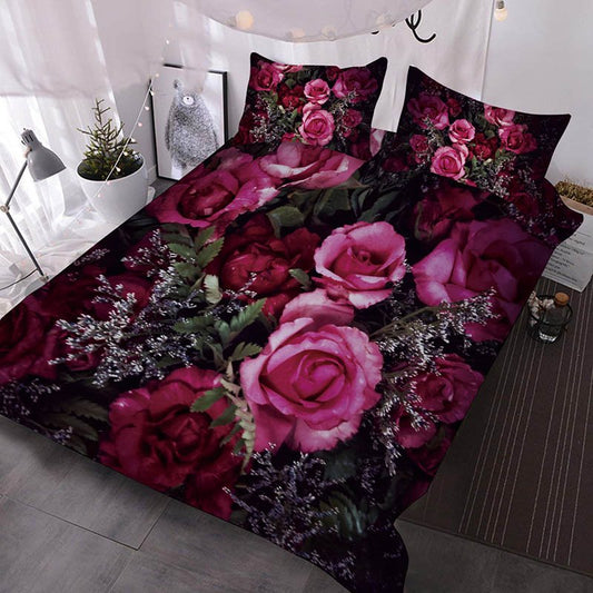 3D Romantic Roses 3Pcs Bedding Down Comforter Insert with 2 Pillow Cases Red and Pink Roses Among Babysbreath Printed Co (King)