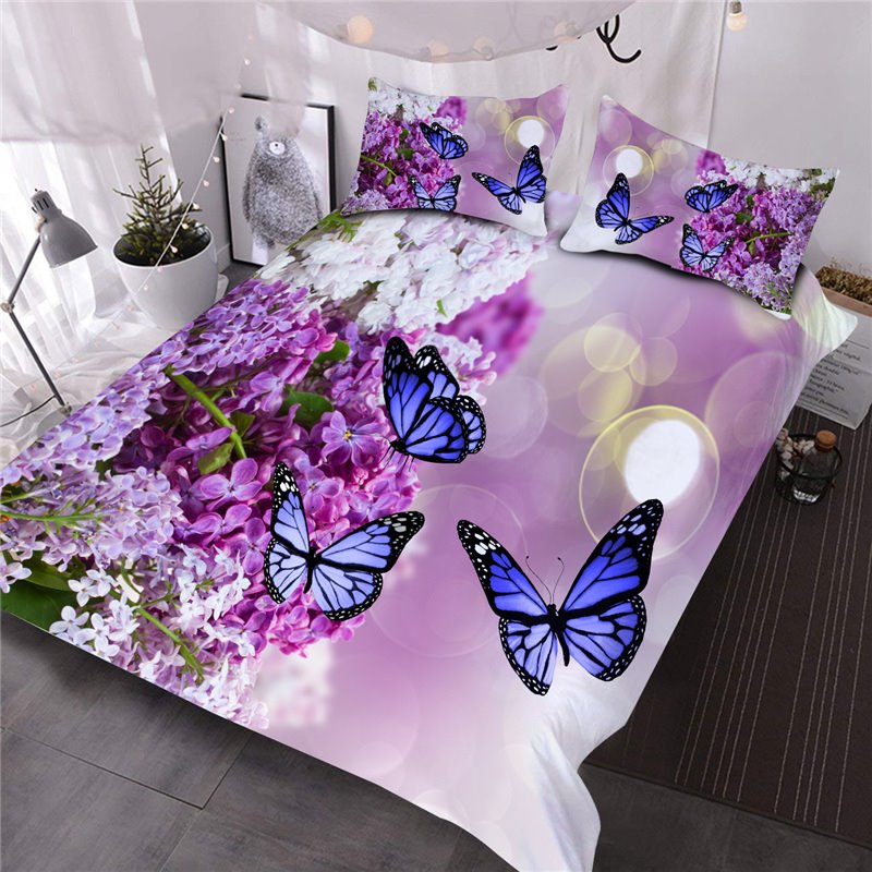 Blue Butterflies On Purple Lilacs Printed 3-Piece Comforter Set/Bedding Set 1 Comforter 2 Pillowcases Full Queen King Si (Full)