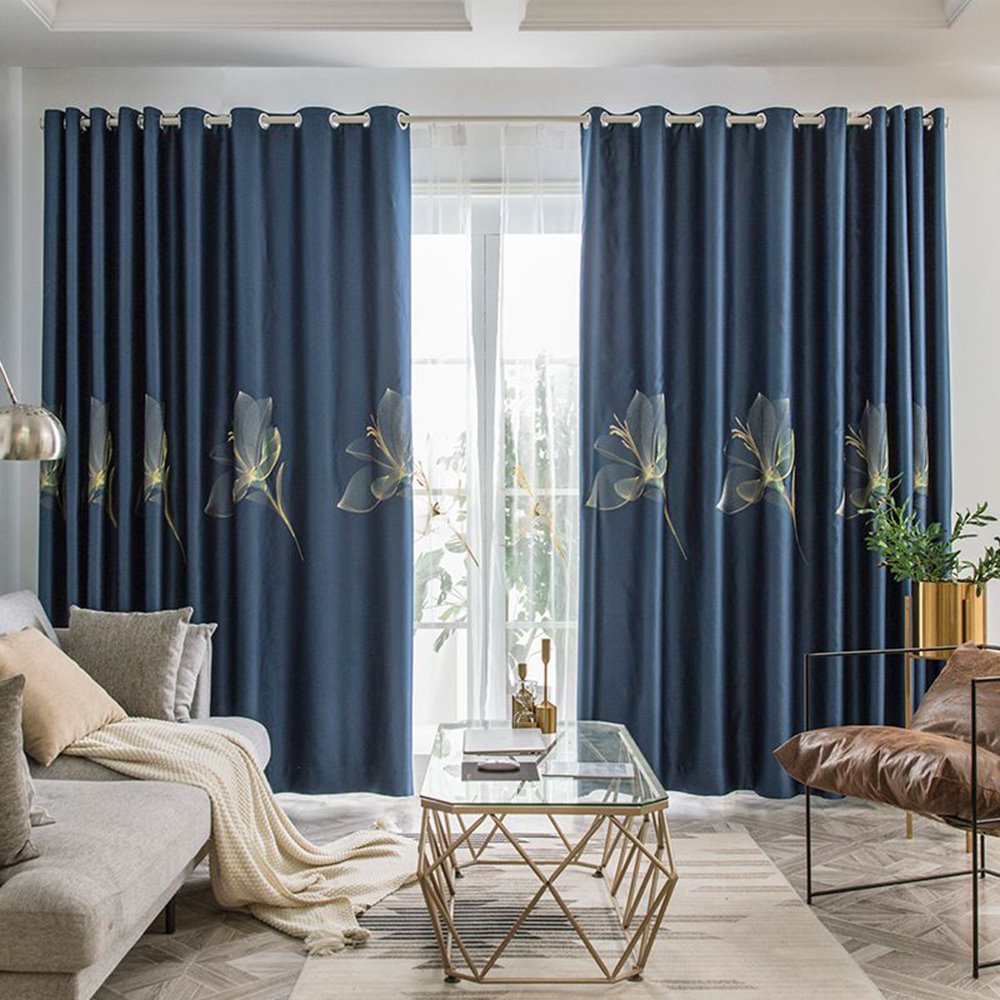 Modern Simple Blue Floral Shading Curtains for Living Room Bedroom Blackout Curtain Custom 2 Panels Drapes Decoration No (144W*96"
