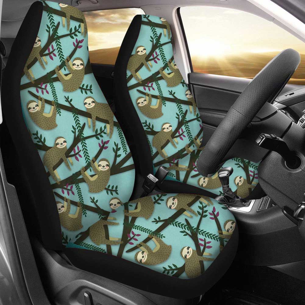 2PCS Front Seat Covers Cute Sloth Print Pattern Universal Fit Seat Covers Will Stretch to Fit Most Car and SUV Bucket Style Seats