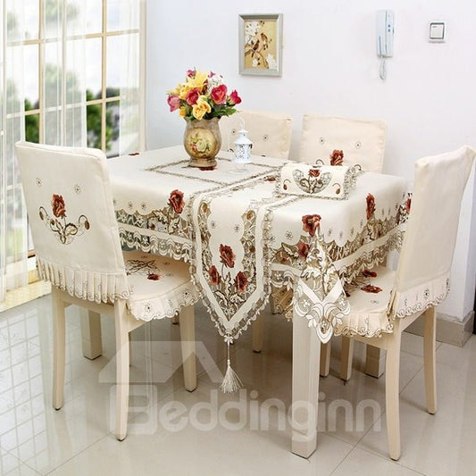 White Elegant Polyester Embroidery Flower Dining Room Decorative 1 Piece Tablecloth (60''W*86''L)