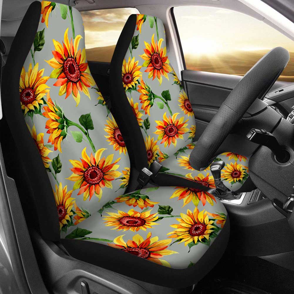 2PCS Front Seat Covers Sunflower Print Pattern Universal Fit Seat Covers Will Stretch to Fit Most Car and SUV Bucket Style Seats