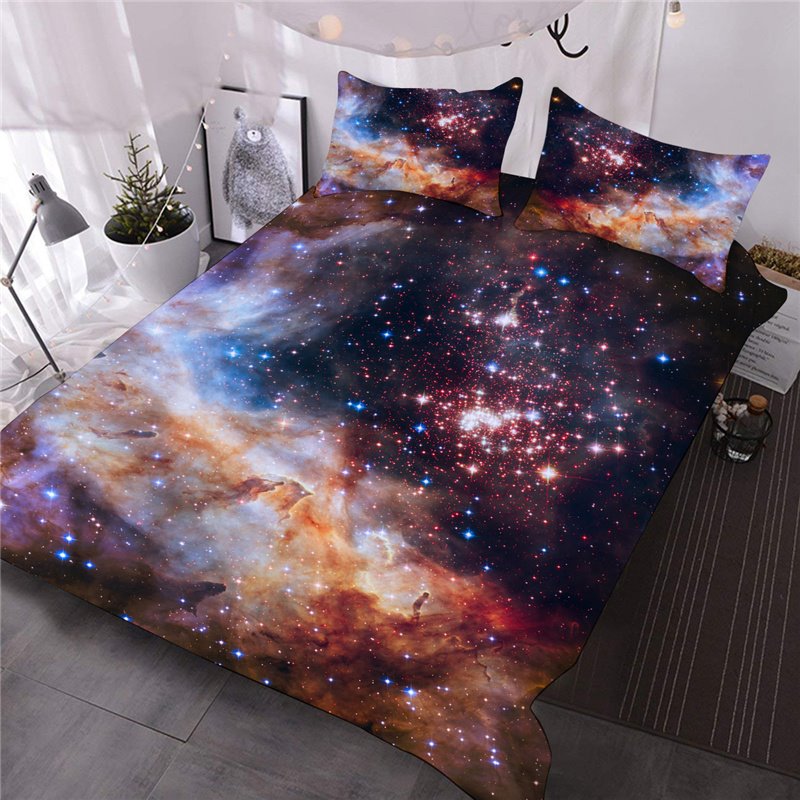 Space Galaxy Printed 3-Piece Fluorescent Bedding 3D Comforter Sets with 2 Pillow Shams Machine Washable Comforter (King)