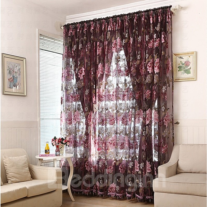 Ornate Peony Printing Custom Sheer Curtain (84W*63"L)