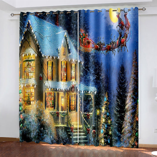 3D-Fenstervorhänge, Motiv: Weihnachtskutsche und Schloss, Verdunkelungsvorhänge für Wohnzimmer, Schlafzimmer, Fenstervorhänge, Weihnachten (104 W x 84 Zoll) 