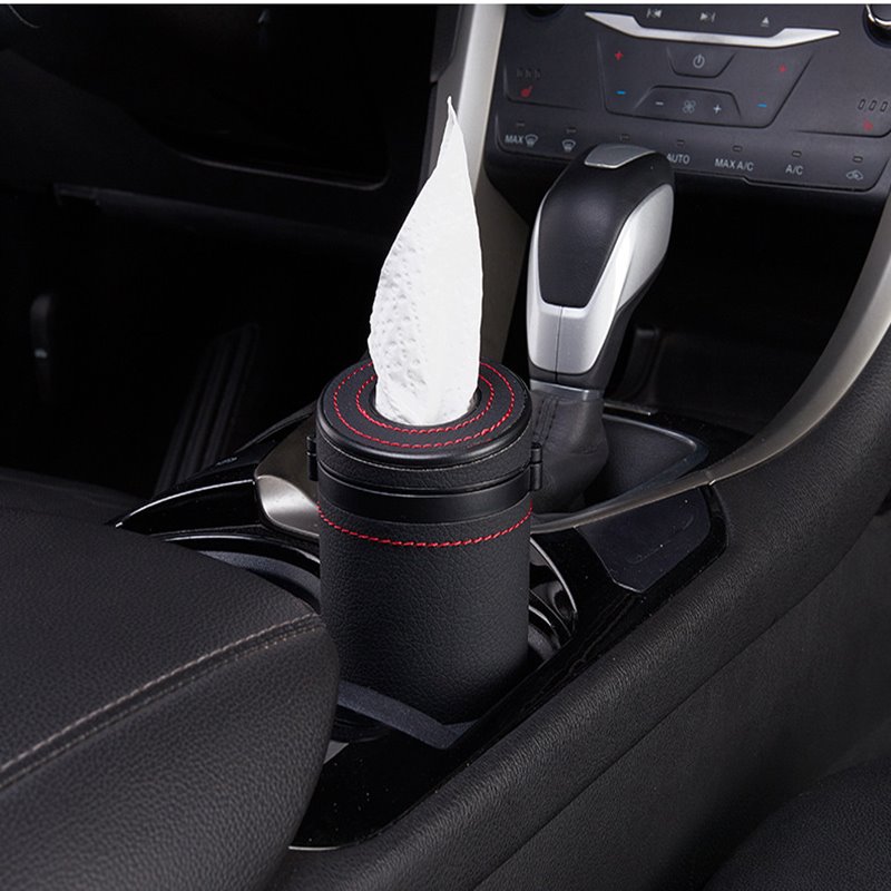Wear-resistant Leather Cylinder Tissue Boxes for Car Cup Holder Double Function with Built-in safety Hammer Emergency Broken Window