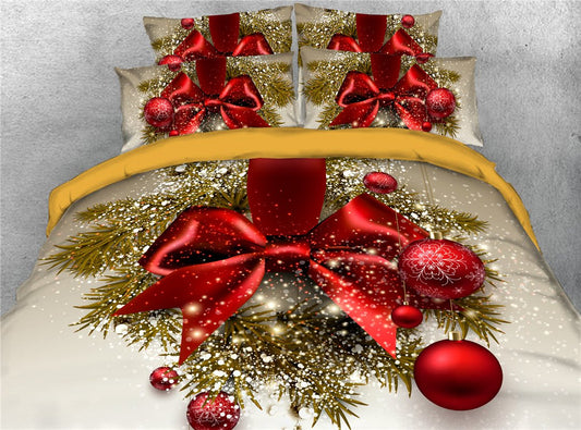 3D Christmas Theme 4-Piece Duvet Cover Set/Bedding Set Snowman Red Bow Comforter Cover with Zipper Closure and Corner Ti (King)