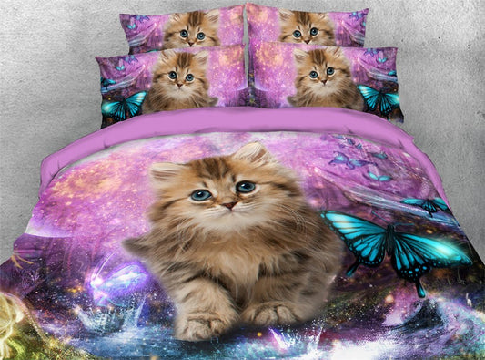 Cat and Butterfly 3D Printed Duvet Cover Set Purple Galaxy Background 4 Pcs Bedding Set Ultra Soft Comforter Cover with (King)