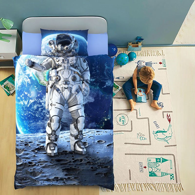 3D Astronaut 4-Piece Duvet Cover Set Blue Space Wear-resistant Breathable High Quality 60s Cotton Satin Boys Bedding (Twin)