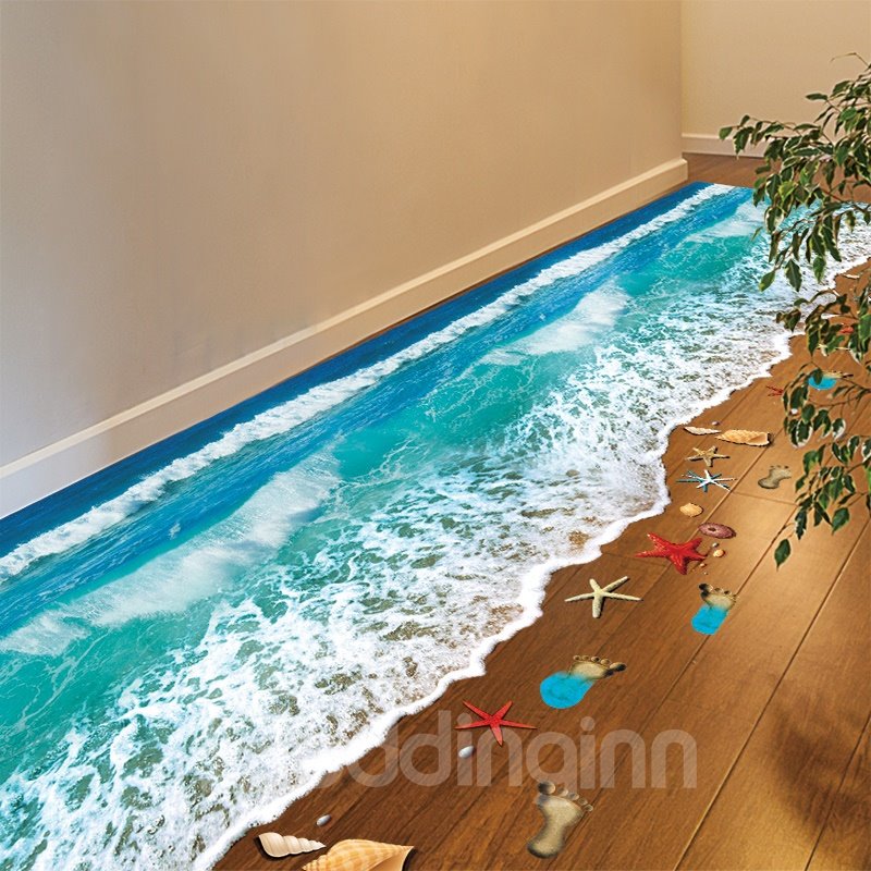 3D Print Wonderful Seashore Sea Spray Wall Stickers PVC Waterproof Removable 3D Decal Floor Sticker