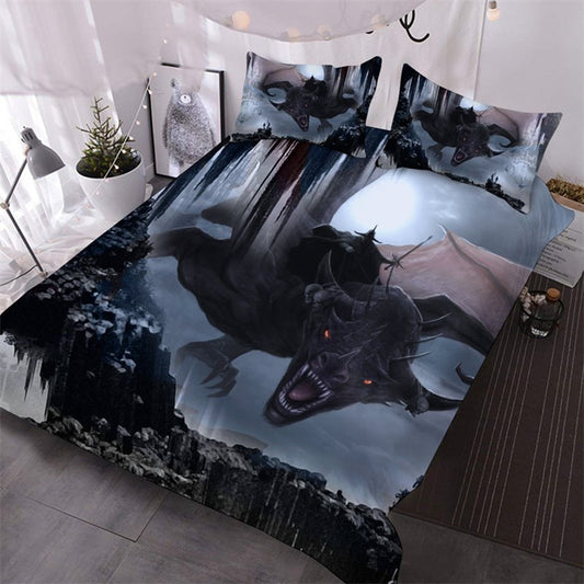 Dragon Spouting Fire 3D Animal Print Comforter Set 3-Piece Bedding Set No-Fading Microfiber Comforter with 2 Pillowcases (Queen)