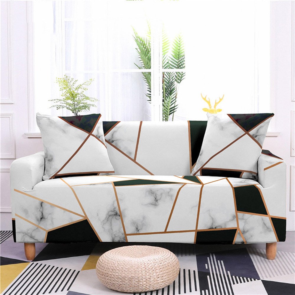 1/2/3/4 Seater Stretch Sofa Cover Geometric Marble Printed Couch Covers Slipcovers Elastic Universal Furniture Protector (XL)