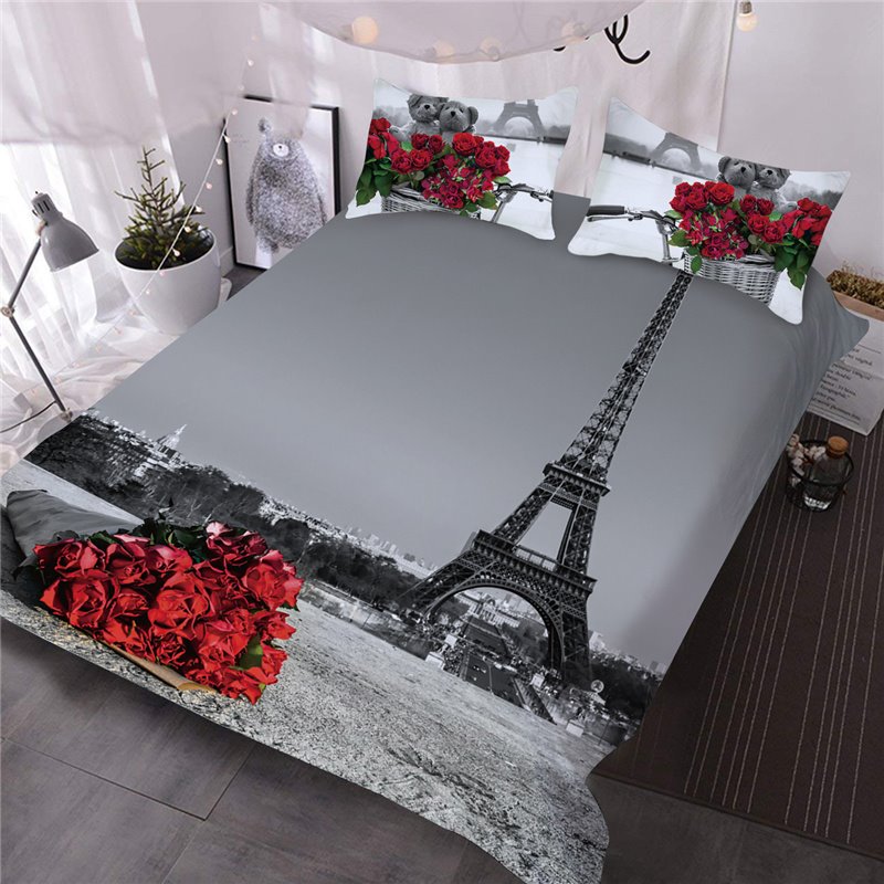 Romantic Red Rose Eiffel Tower 3D Printed 3-Piece Comforter Set/Bedding Set 2 Pillowcases 1 Comforter (King)