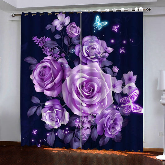 Blackout Decoration 3D Purple Roses Printed Curtain Custom 2 Panels Drapes No Pilling No Fading No off-lining (104W*84"L)