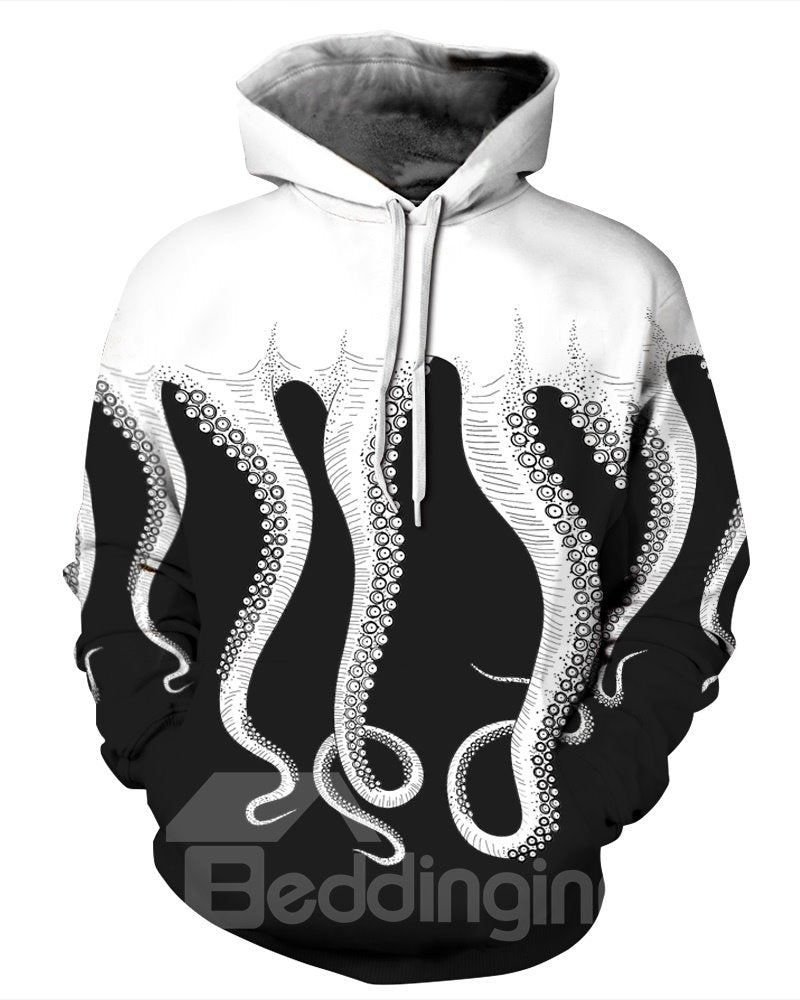 Cool Long Sleeve Black White Octopus Pattern 3D Painted Hoodie (XL)