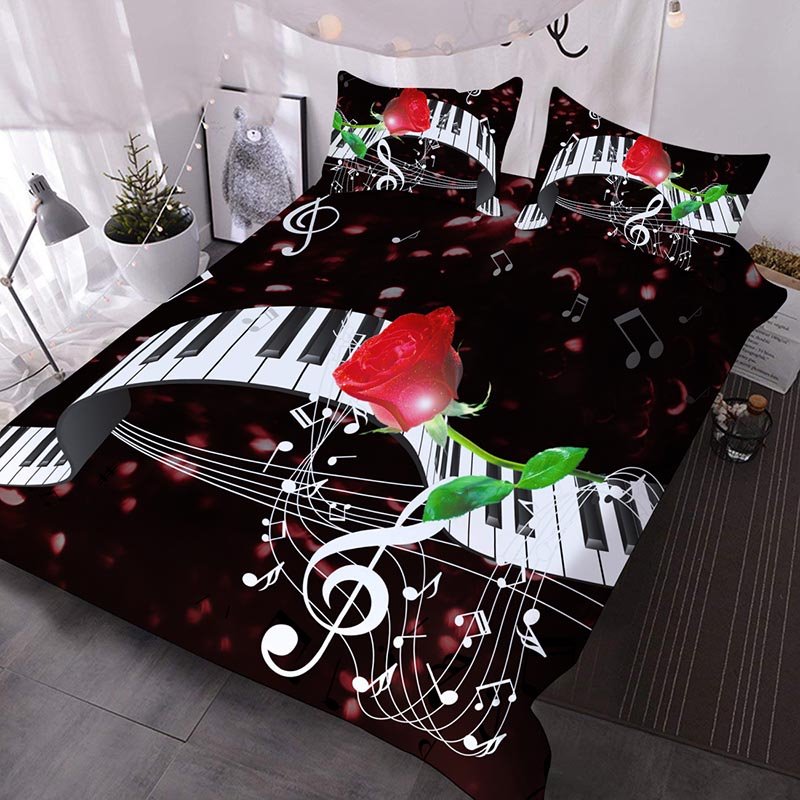3D Black and White Piano Keys and Red Rose 3-Piece Comforter Set/Bedding Set Microfiber (King)