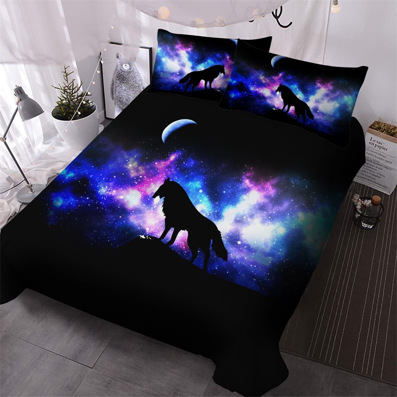 3 Piece Wolf Comforter Set 3D Printed Wolf in Galaxy Bedding Ultra-soft Microfiber No-fading Queen King Size 1 Comforter (Queen)