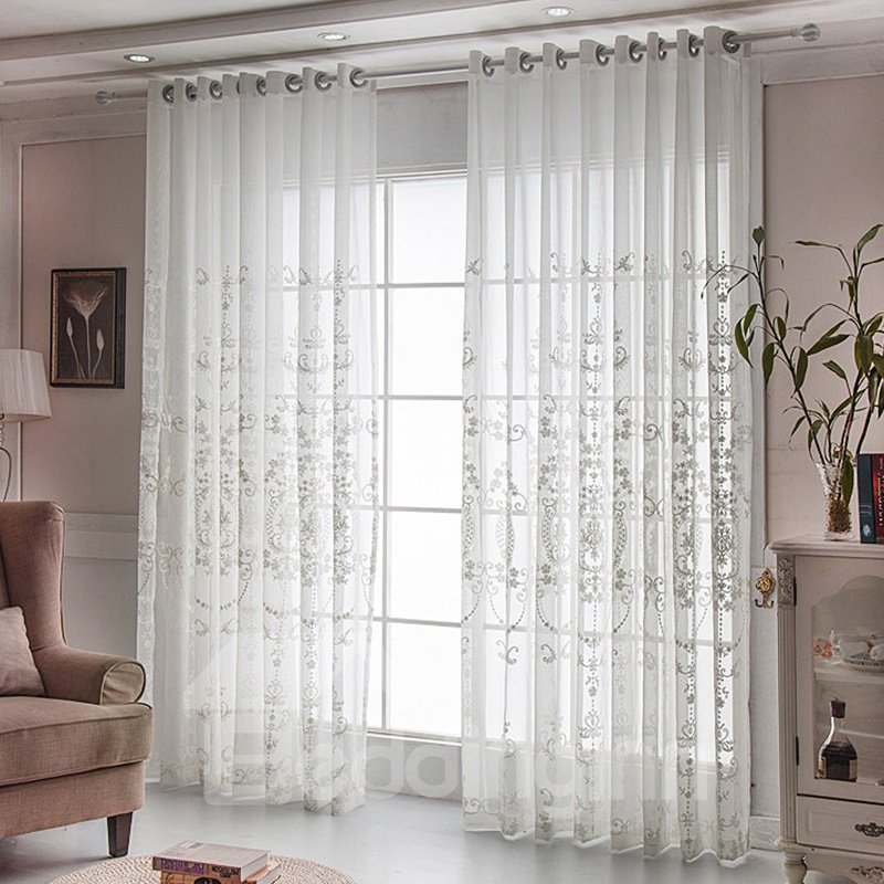 European White Sheer Curtain Decorative Embroidered Polyester Damask 2 Panels Curtain (100W*96"L)