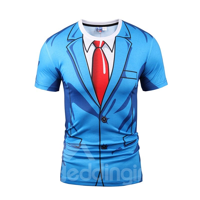 Blue Suit With Red Tie Printing Short Sleeve Men's 3D T-Shirt (3XL)