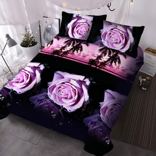 Purple Roses and Palm Trees 3Pcs Comforter Set 3D Floral Bedding Set Comforter with 2 Pillowcases Microfiber No-Fading (Twin)