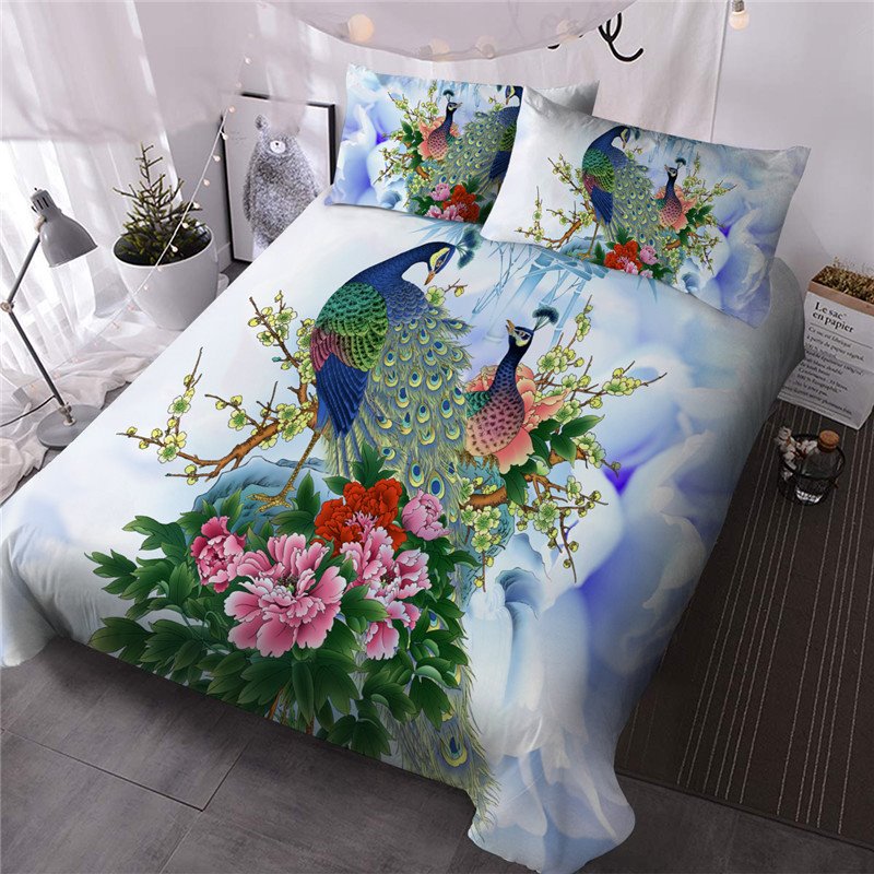 3D Peacock and Flower Print Comforter Set 3 PCS Bedding Set Ultra-soft Microfiber No-fading 1 Comforter 2 Pillowcases Fu (King)