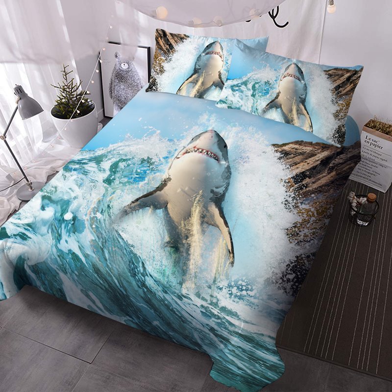 3D Shark Print Bedding 3 PCS Comforter Set High-Quality Microfiber No-Fading Soft Lightweight Comforter with 2 Pillowcas (Queen)