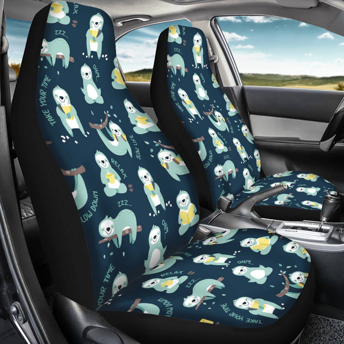 2PCS Front Seat Covers Sloth Print Pattern Universal Fit Seat Covers Will Stretch to Fit Most Car and SUV Bucket Style Seats