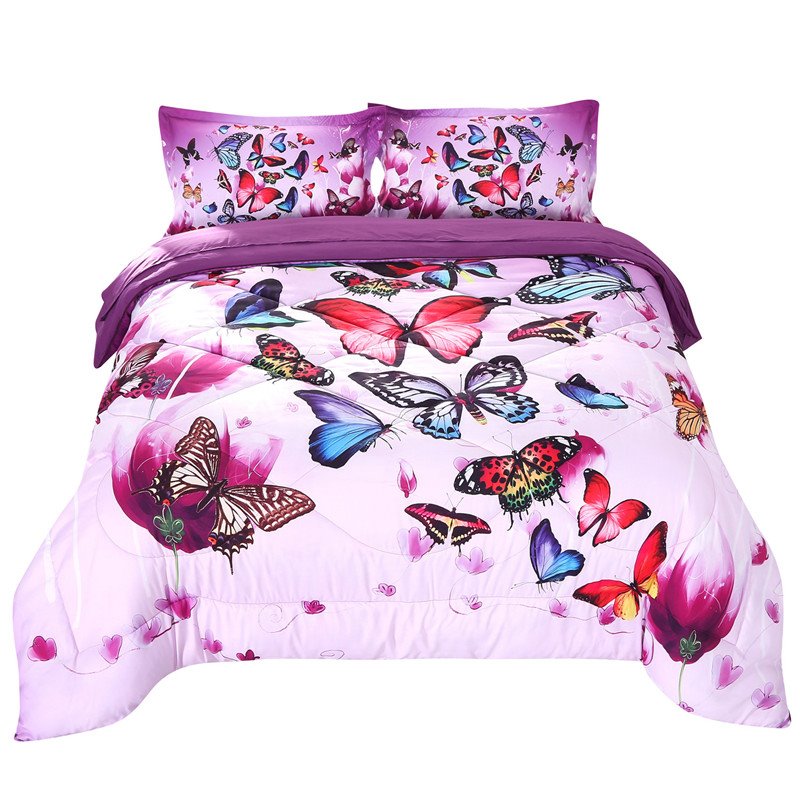 Purple 3-Piece Comforter Set Beautiful Butterflies and Purple Flower Bedding 1 Comforter 2 Pillowcases Soft Breathable N (King)