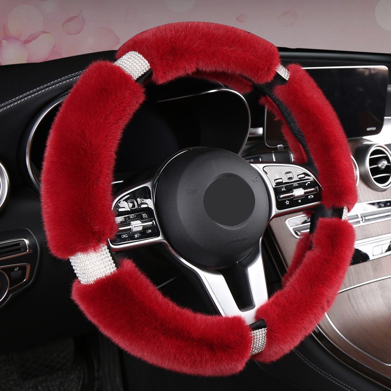 Fluffy Steering Wheel Cover for Women, Universal Rhinestone Bling Comfortable Non-Slip Luxurious Faux Wool & Glam Vehicl