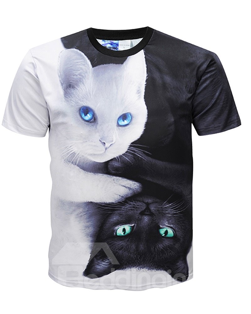 Men Casual 3D Cat Printed Short Sleeve Funny T-Shirts Round Neck Top Tee T-Shirt (3XL)