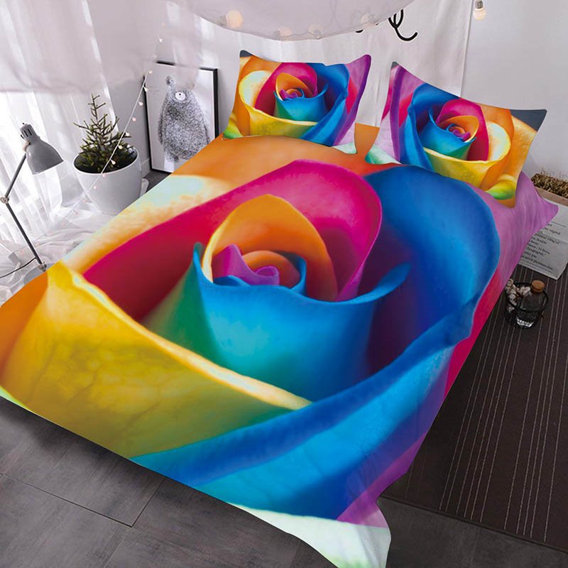 Colorful Rainbow Rose Printed 3-Piece Comforter Set/Bedding Set (Twin)