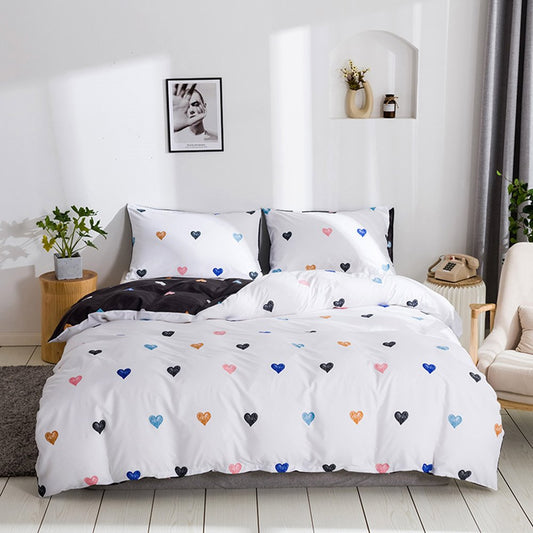 Colorful Heart Pattern Reactive Printing Duvet Cover Set Three-Piece Set Polyester Bedding Sets 2 Pillowcases 1 Duvet Co (King)