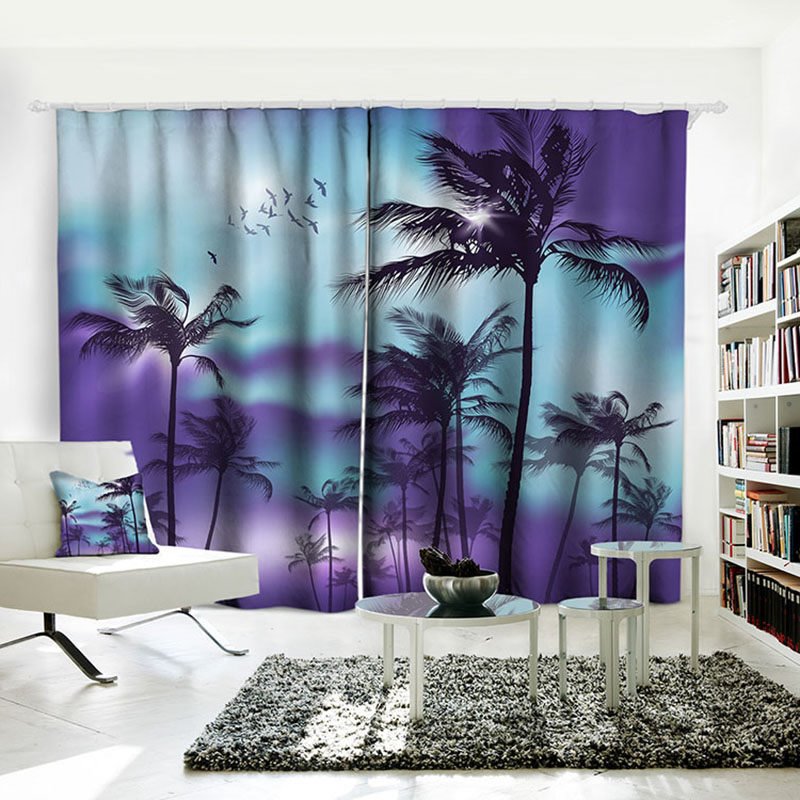 Blackout Curtains 3D Scenery Coconut Palm Purple Grommet Curtains Insulated for Living Room Bedroom Decoration Curtains (118W*106"