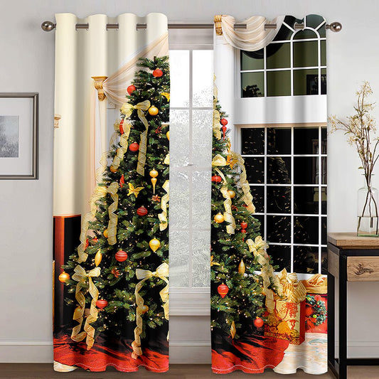 Weihnachten 3D Verdunkelungsvorhänge Tannenzweige Weihnachten Weihnachtsbaum und Gitterdruck Wohnzimmer Schlafzimmer Fenstervorhänge 2 Panel Se (118W*106 