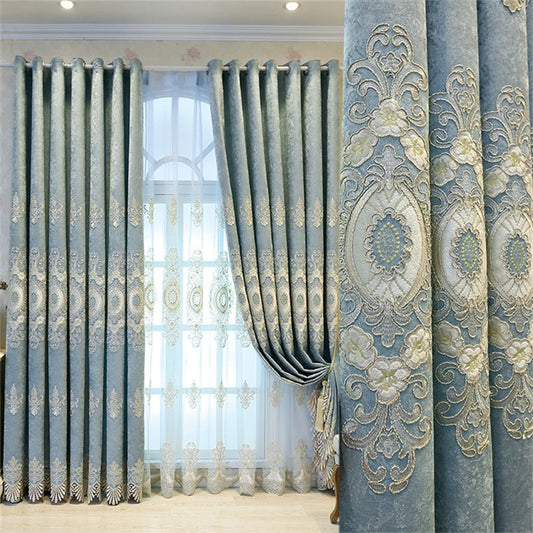 Chenille Verdunkelungsvorhang im neuen europäischen Stil, individuelle Gestaltung, einfache Goldfaden-gestickte Vorhänge für Wohnzimmer, Schlafzimmer (144 W x 96 Zoll) 