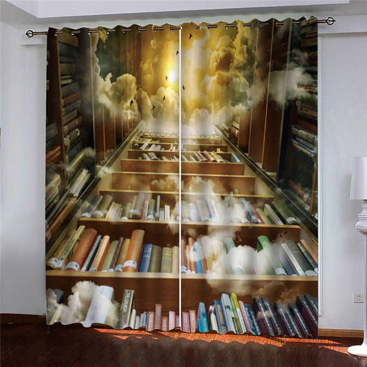 Creative 3D Bookcase Print Blackout Polyester Curtains No Pilling No Fading No off-lining Grommet Tops (80W*63"L)