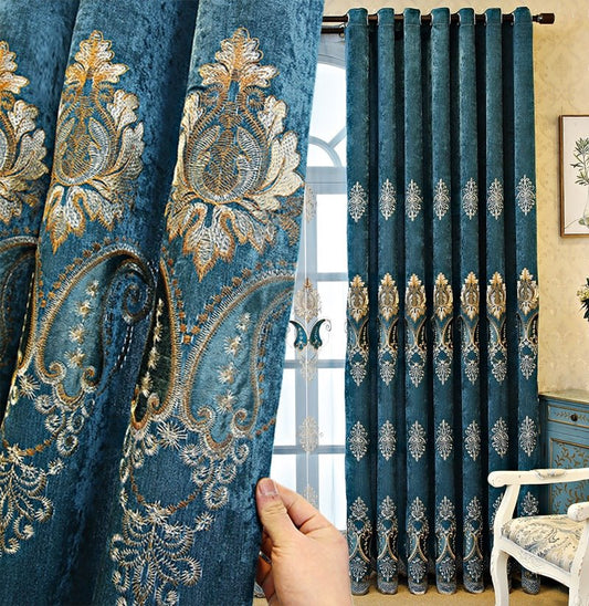 Blackout Curtains European Chenille Blue Vintage Embroidery Shading Curtains Noble and Elegant for Living Room Bedroom D (144W*96"