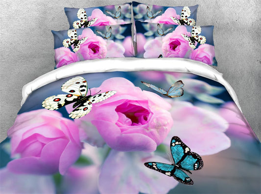 3D Pink Flower and Butterfly 4-Piece Duvet Cover Set Ultra Soft Comforter Cover with Zipper Closure and Corner Ties 2 Pi (Queen)