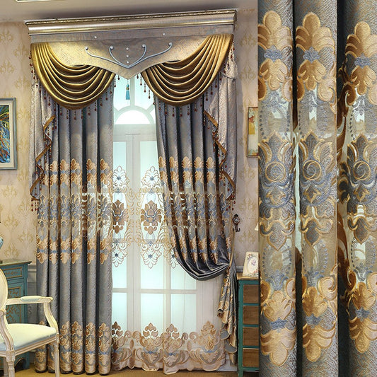European High-end Embroidery Hollow Shading Curtains for Living Room Bedroom Decoration Custom 2 Panels Drapes No Pillin (100W*96"