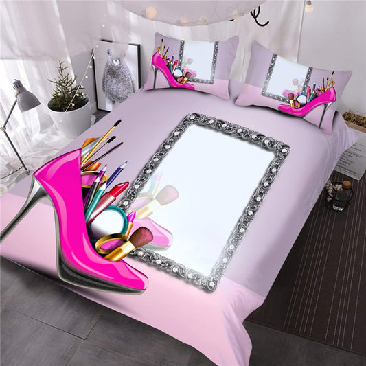 Pink High-heels And Makeup Mirrors Printed 3-Piece Comforter Set Bedding Set 1 Comforter 2 Pillowcases (Twin)