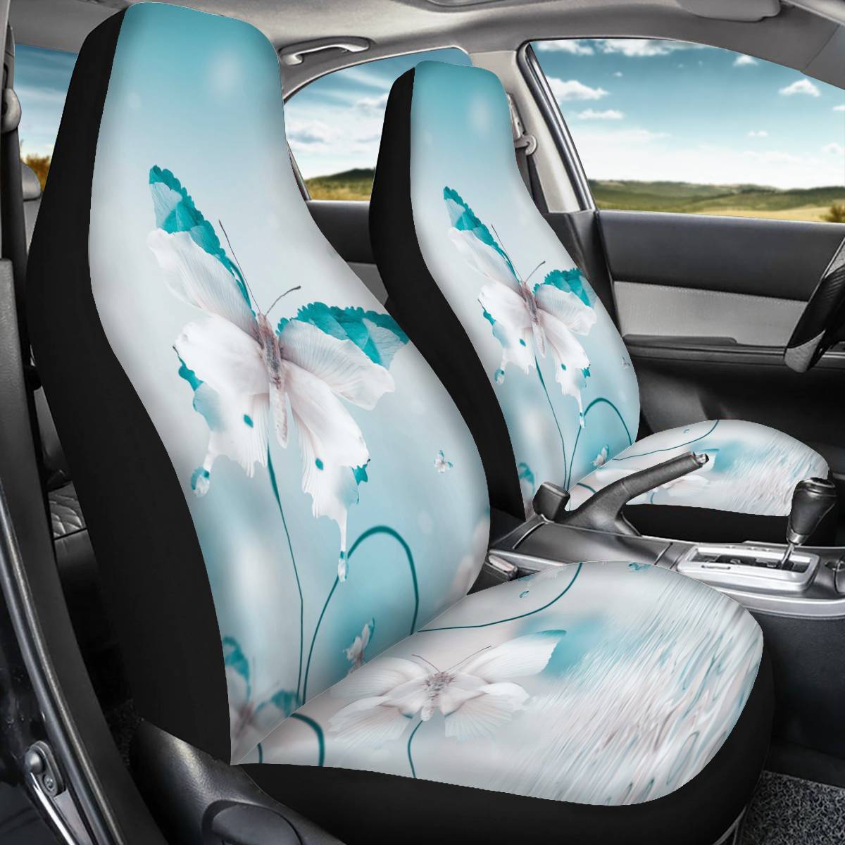 2PCS Front Seat Covers Butterfly Print Pattern Universal Fit Seat Covers Will Stretch to Fit Most Car and SUV Bucket Style Seats
