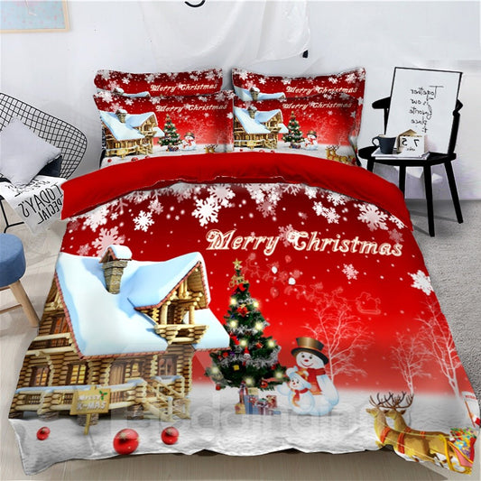 Snowman and Reindeer Printed Snow 3D 4-Piece Christmas Bedding Sets Duvet Covers Colorfast Wear-resistant Endurable Skin (Twin)