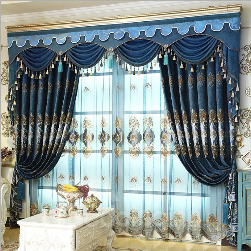 Luxury Embroidery Drapes European Style Old Navy Blue Custom Blackout 2 Panels Shading Curtains (100W*84"L)
