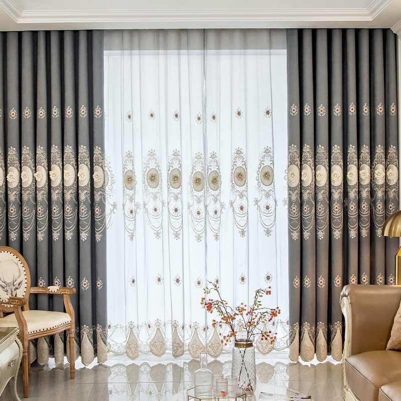 Verdunkelungsvorhänge mit Relief-Stickerei, Grau, elegante Chenille-Fenstervorhänge für Wohnzimmer, Schlafzimmer, individuelles Set mit 2 Paneelen (144 W x 96 Zoll)