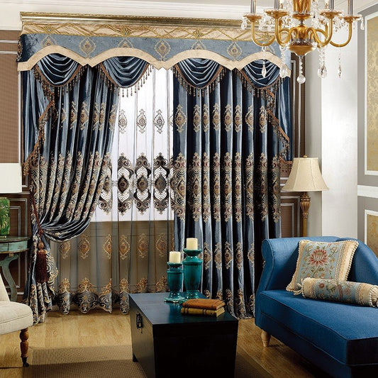 Cortinas opacas europeas, cortinas con ojales bordados Vintage, chenilla, nobles y elegantes para sala de estar y dormitorio (144W * 96" 