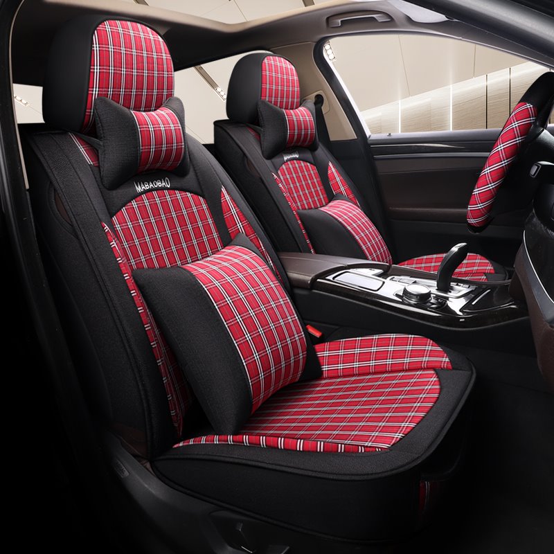 Breathable Wear Resistant Burberry Fabrics Wear Resisting Scratch No Peculiar Smell Fresh Breathable Not Stuffy Airbag Compatible 5 Seater Universal Fit Seat Covers With 2 Lumbar Pillows 2 Headrest Pillows 1 Steering Wheel Cover