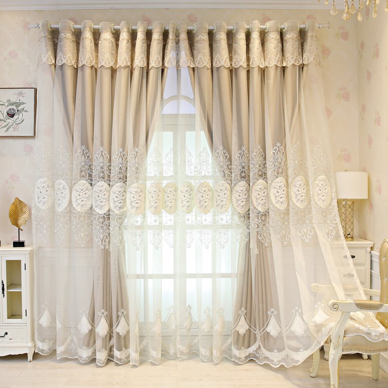 European Double Window Curtain Set Floral Embroidery Curtain Sheer and Lining Blackout Curtains for Living Room Bedroom (114W*84"L