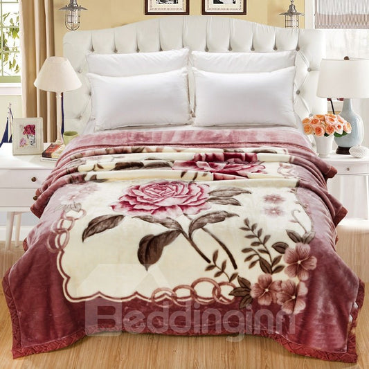 Graceful Pink Roses Printed Thick Flannel Fleece Bed Blanket (180*220cm)