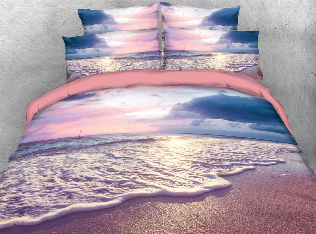 Ocean Beach 5-Pieces 3D Scenery Comforter Set/Bedding Set Ultra-Soft with Zipper Closure and Corner Ties 2 Pillowcases (Full)
