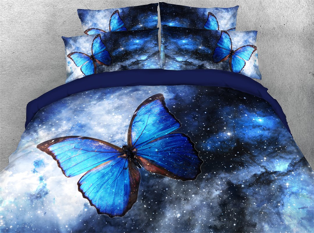 3D Blue Galaxy Butterfly 5 Piece Comforter Set/Bedding Set Ultra Soft with Zipper Closure and Corner Ties 2 Pillowcases (Full)